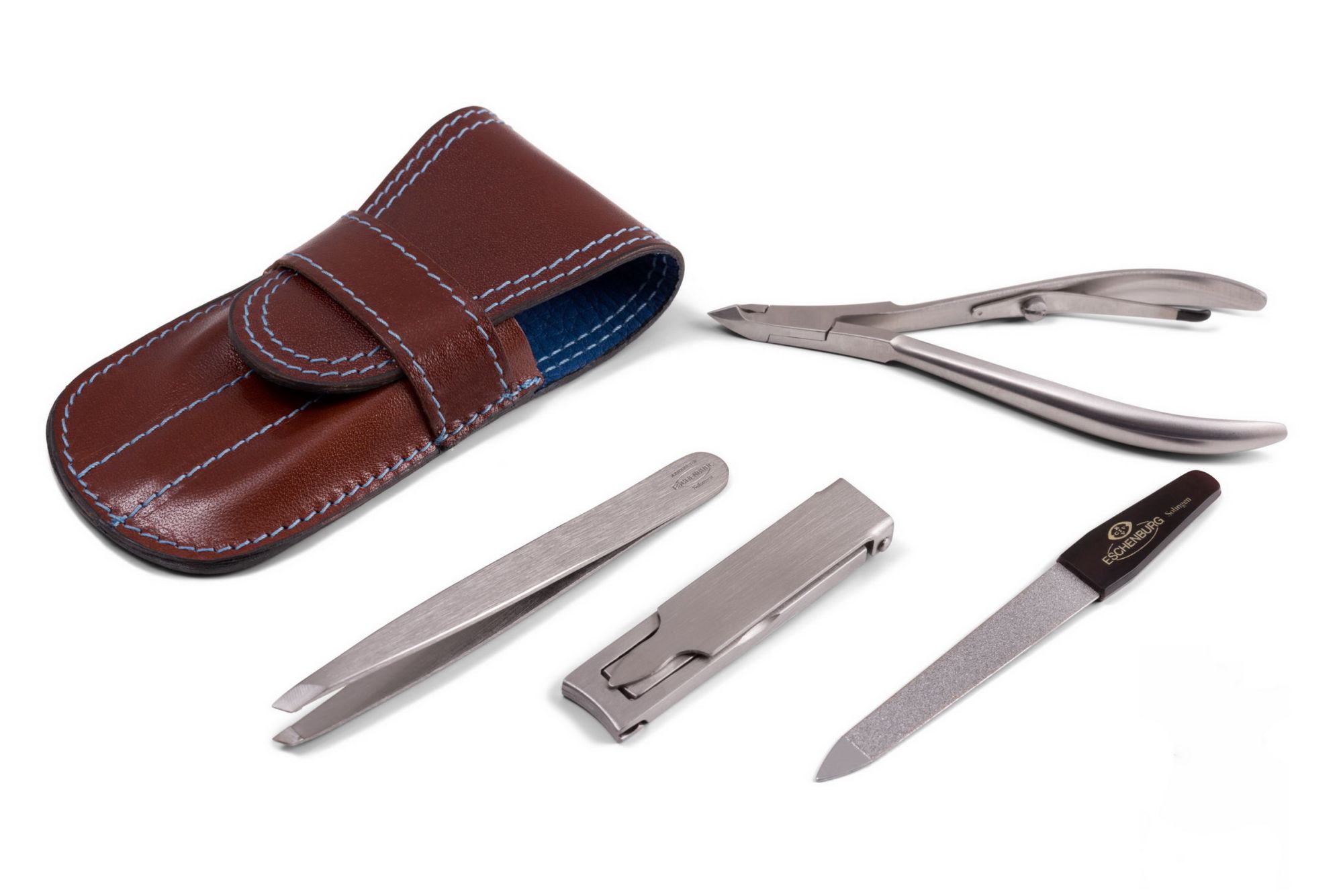 Men's Manicure Set Travel Kit Brown and Blue Leather and Stainless