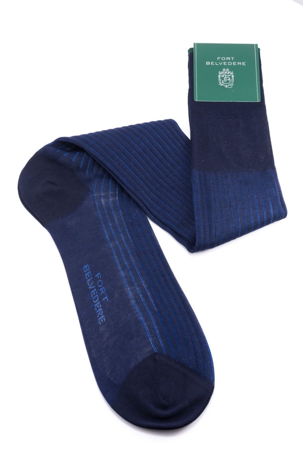 Shadow Stripe Ribbed Socks Dark Navy Blue & Royal Blue Fil d'Ecosse Cotton  - Fort Belvedere