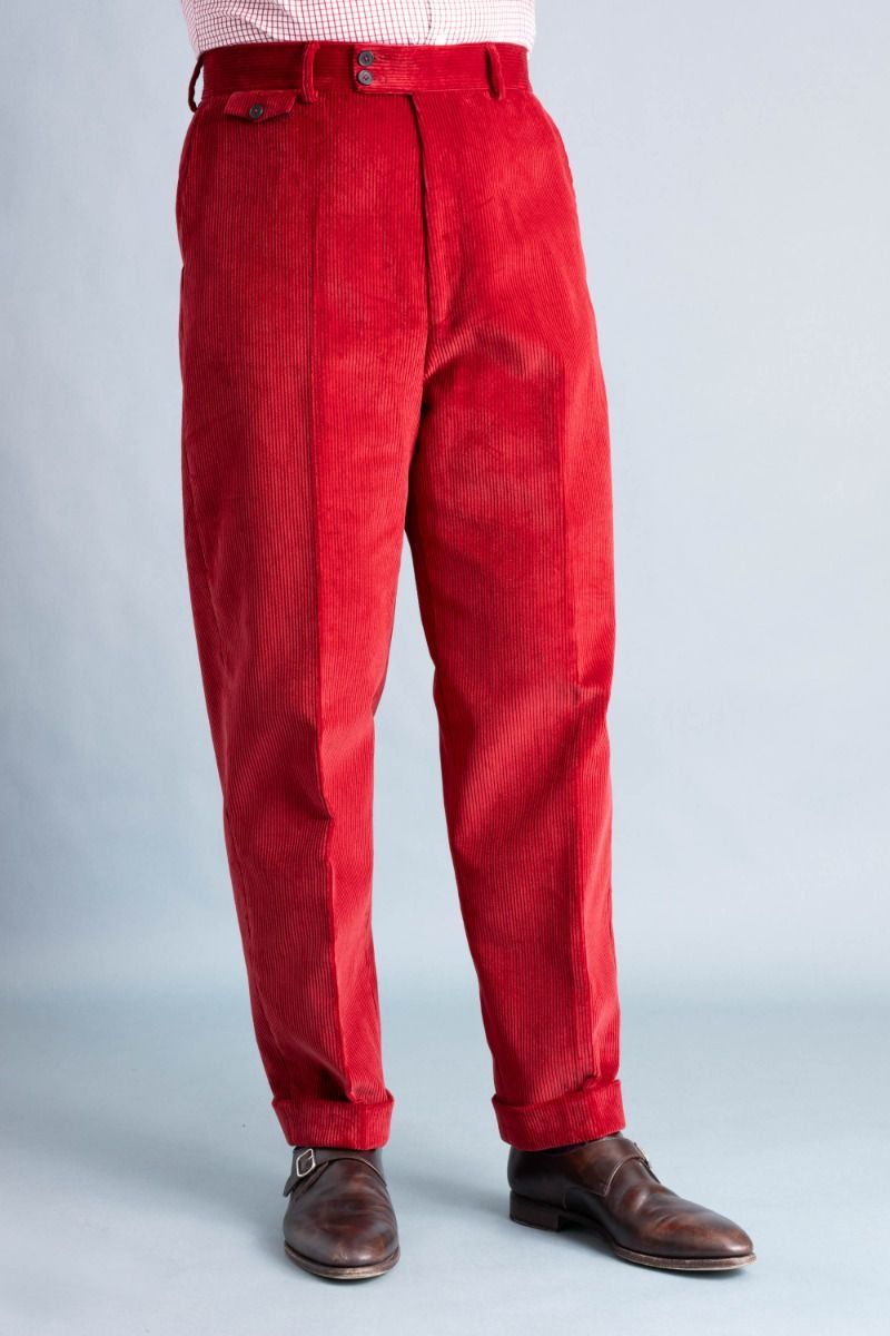 Garnet Red Corduroy Trousers - Stancliffe Flat-Front in 8-Wale Cotton -  Fort Belvedere