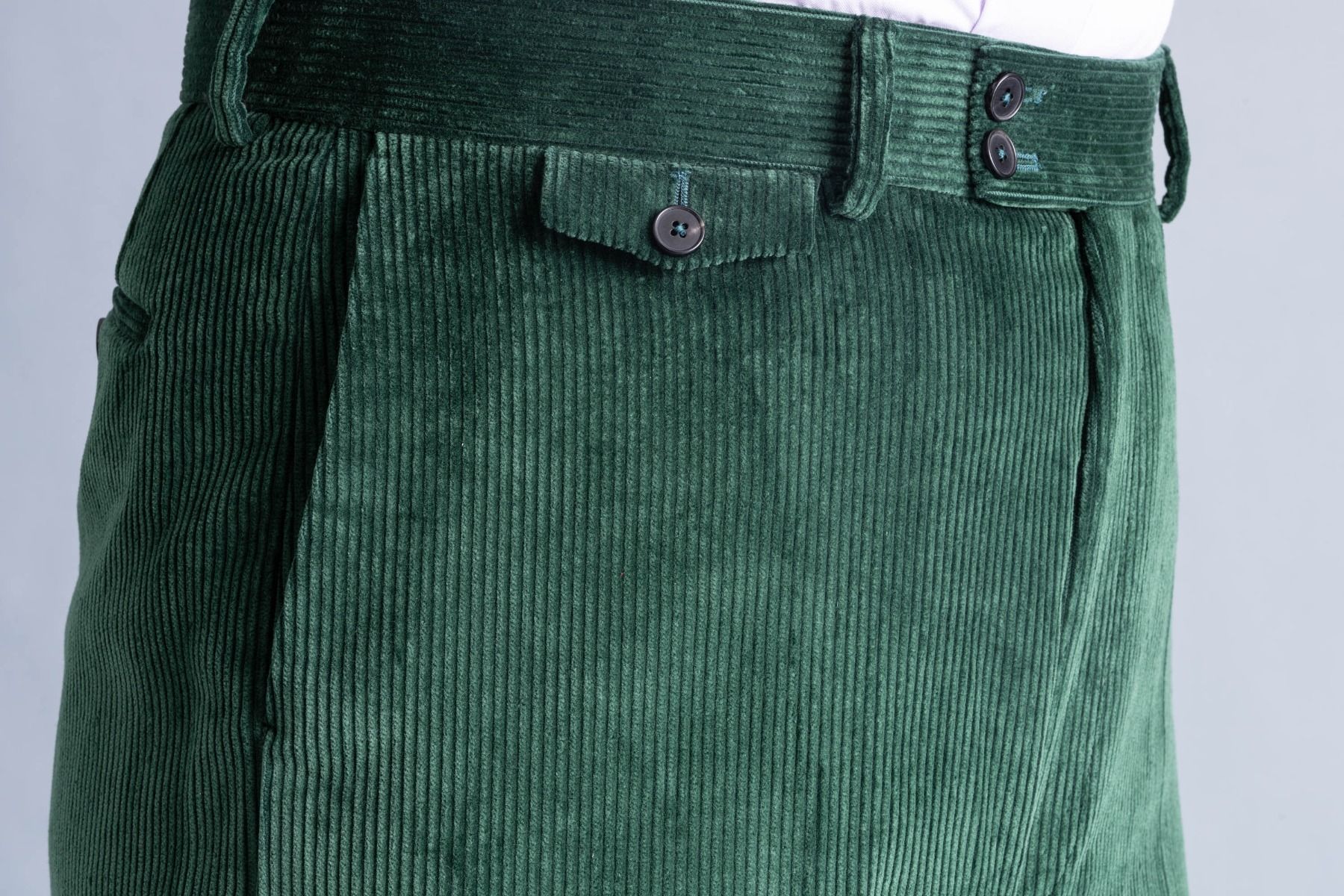 Tyson Pin Corduroy High Easy Waist Pleated Trouser With Sheered Back And  Cuff In Forest Green