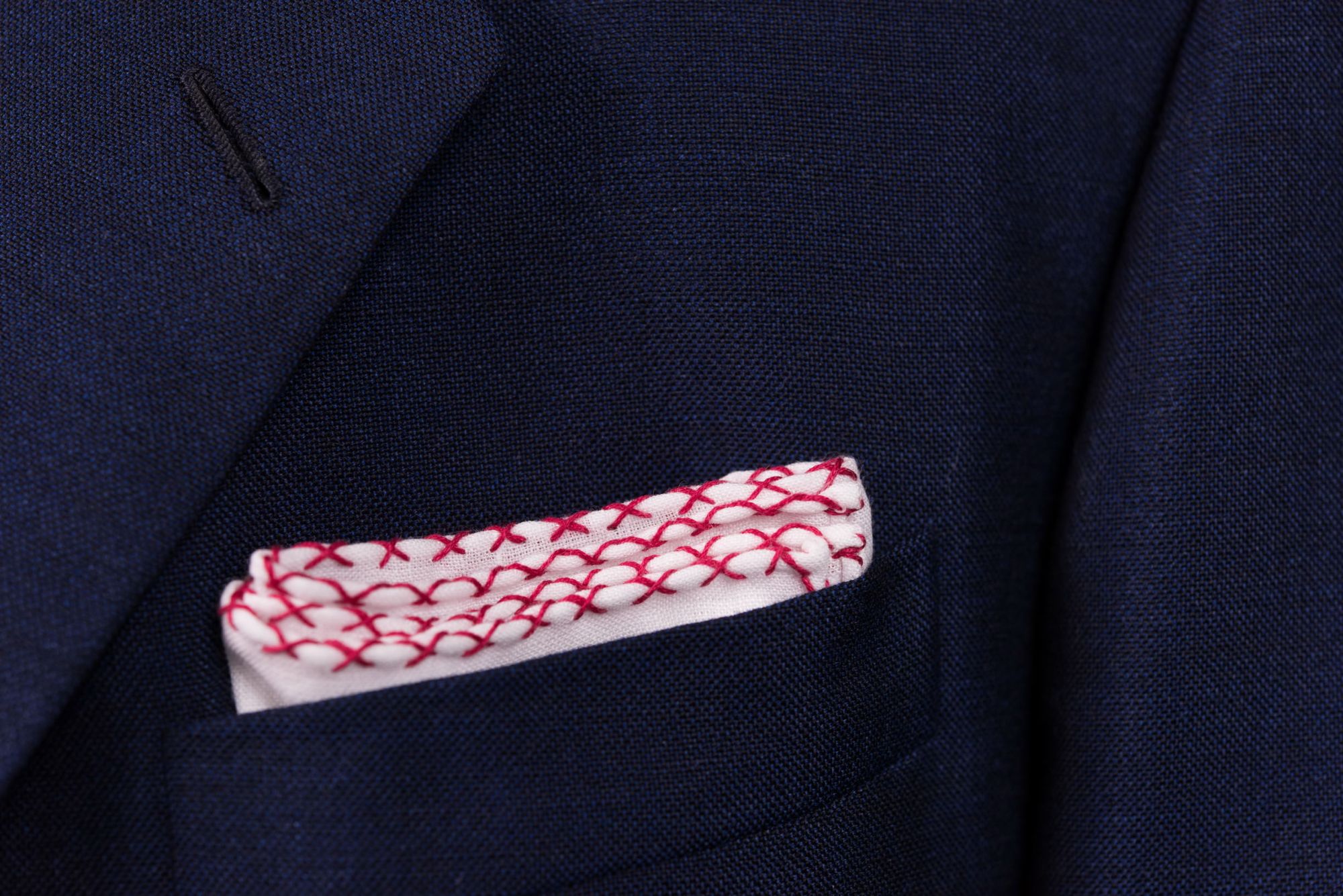 Burgundy Red Handcrafted Linen Pocket Square with White Handrolled X Stitch  - Fort Belvedere