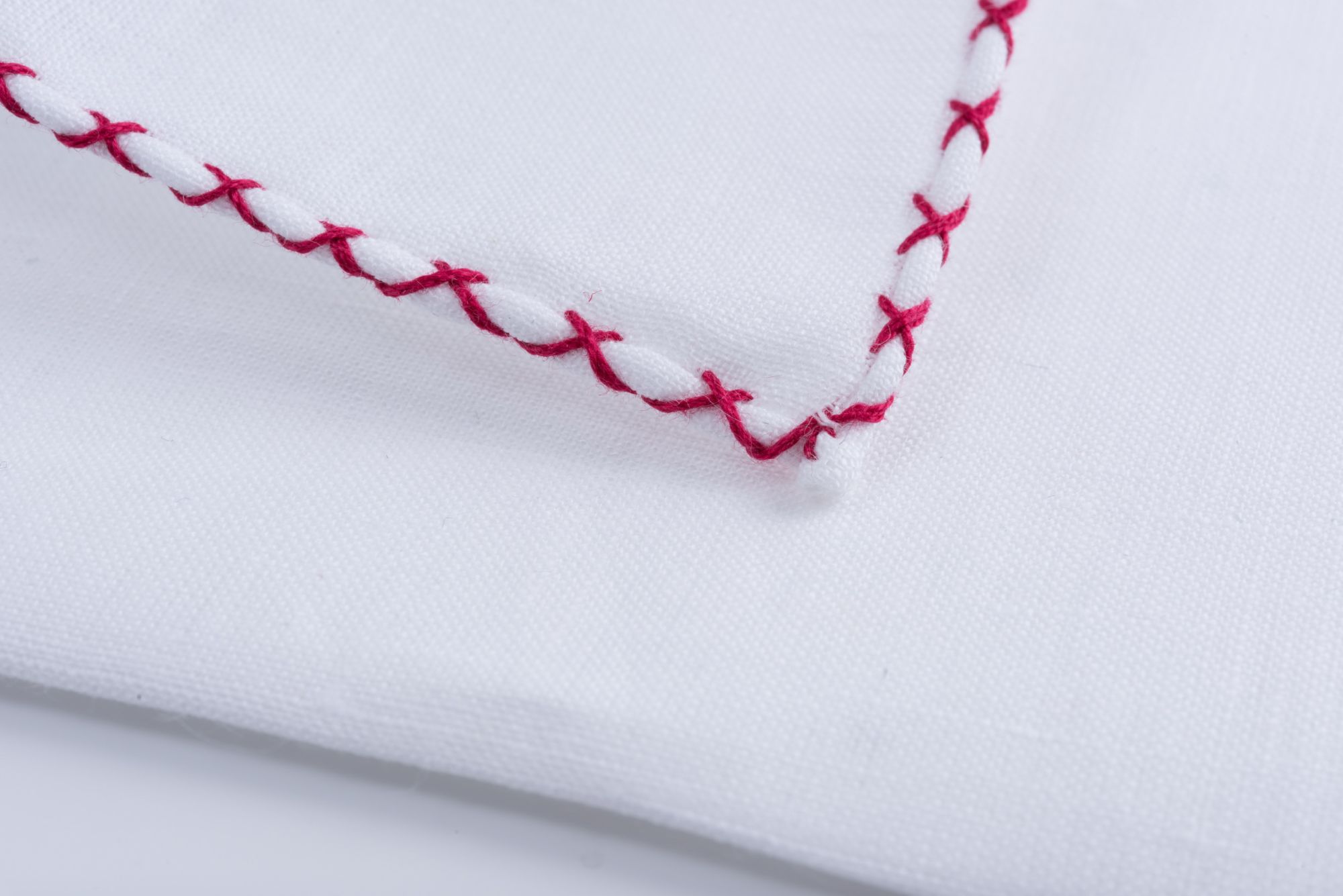 Burgundy Red Handcrafted Linen Pocket Square with White Handrolled X Stitch  - Fort Belvedere