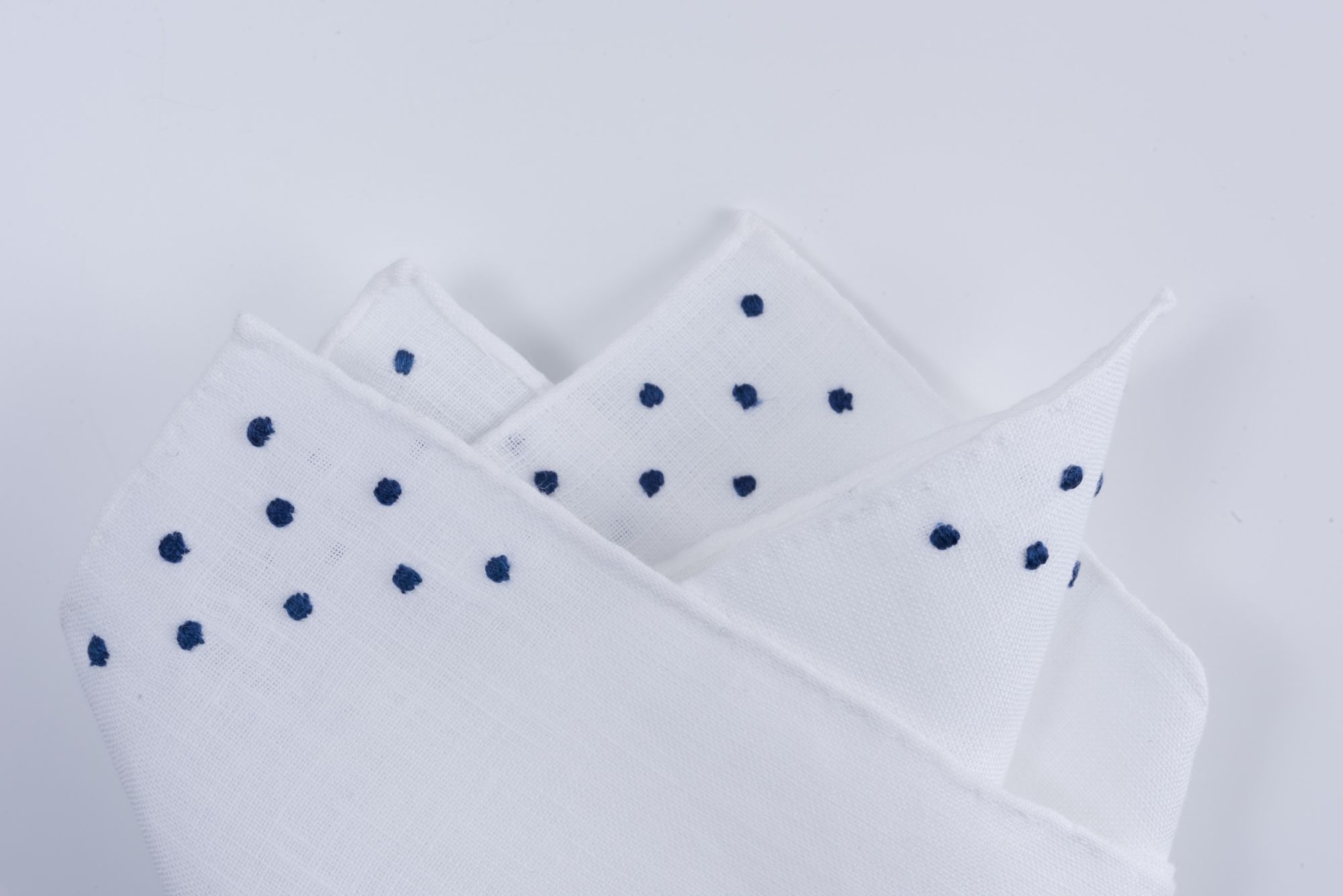 Silk mens top pocket handkerchief White polka dots on navy blue background   NEW 
