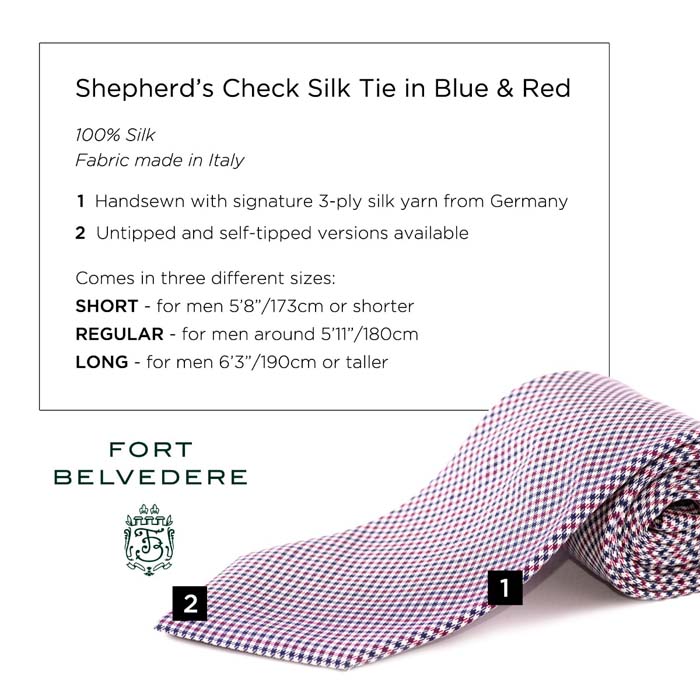 Shepherd's Check Silk Tie in Blue & Red - Handmade 3-Fold Construction