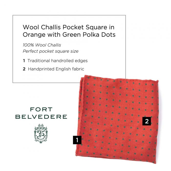 wool-challis-pocket-square-in-orange-with-green-polka-dots
