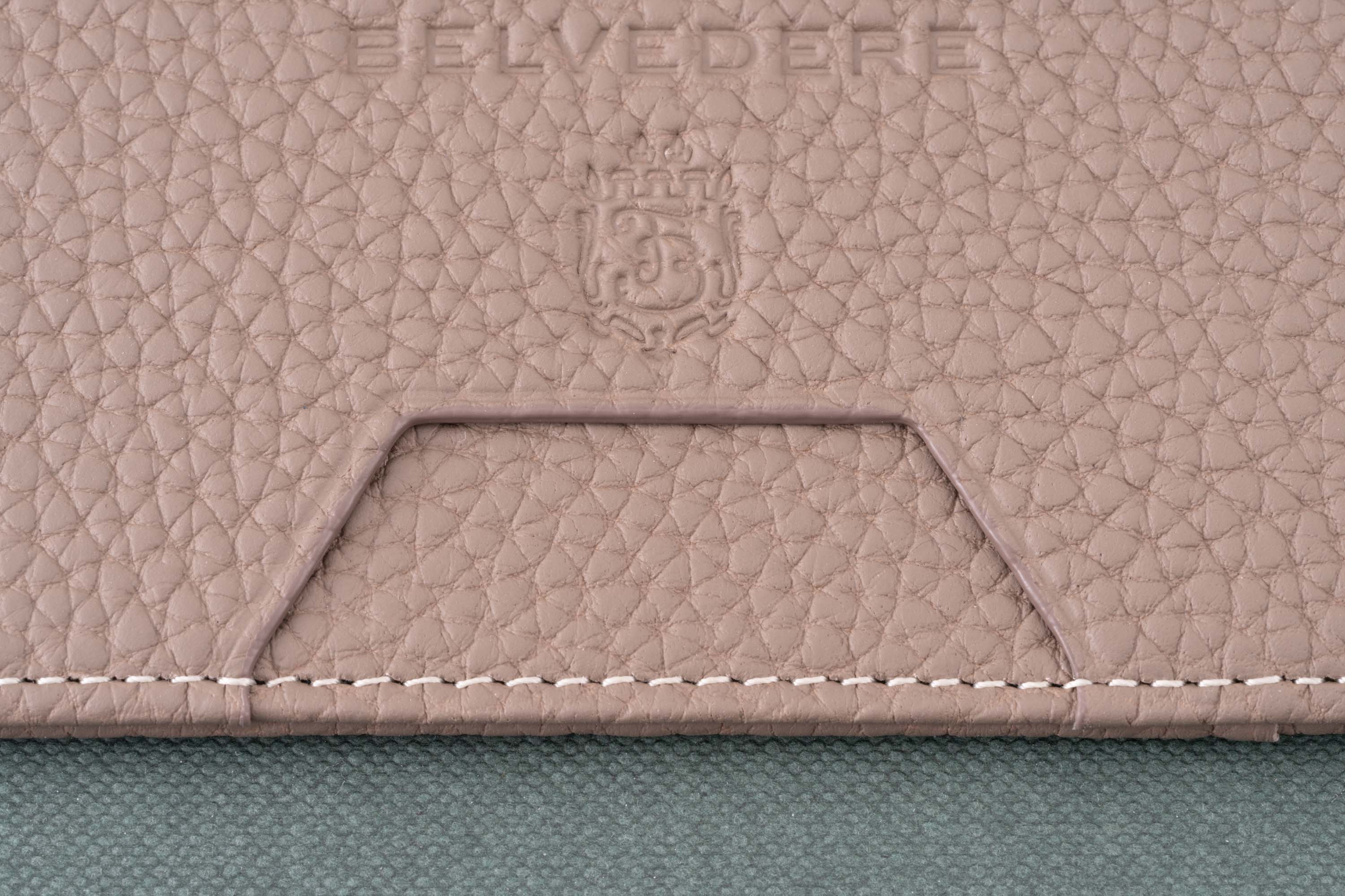 Slim Wallet - 4CC - Boardroom Taupe Togo Full-Grain Leather is tastefully embossed with the Fort Belvedere branding. 