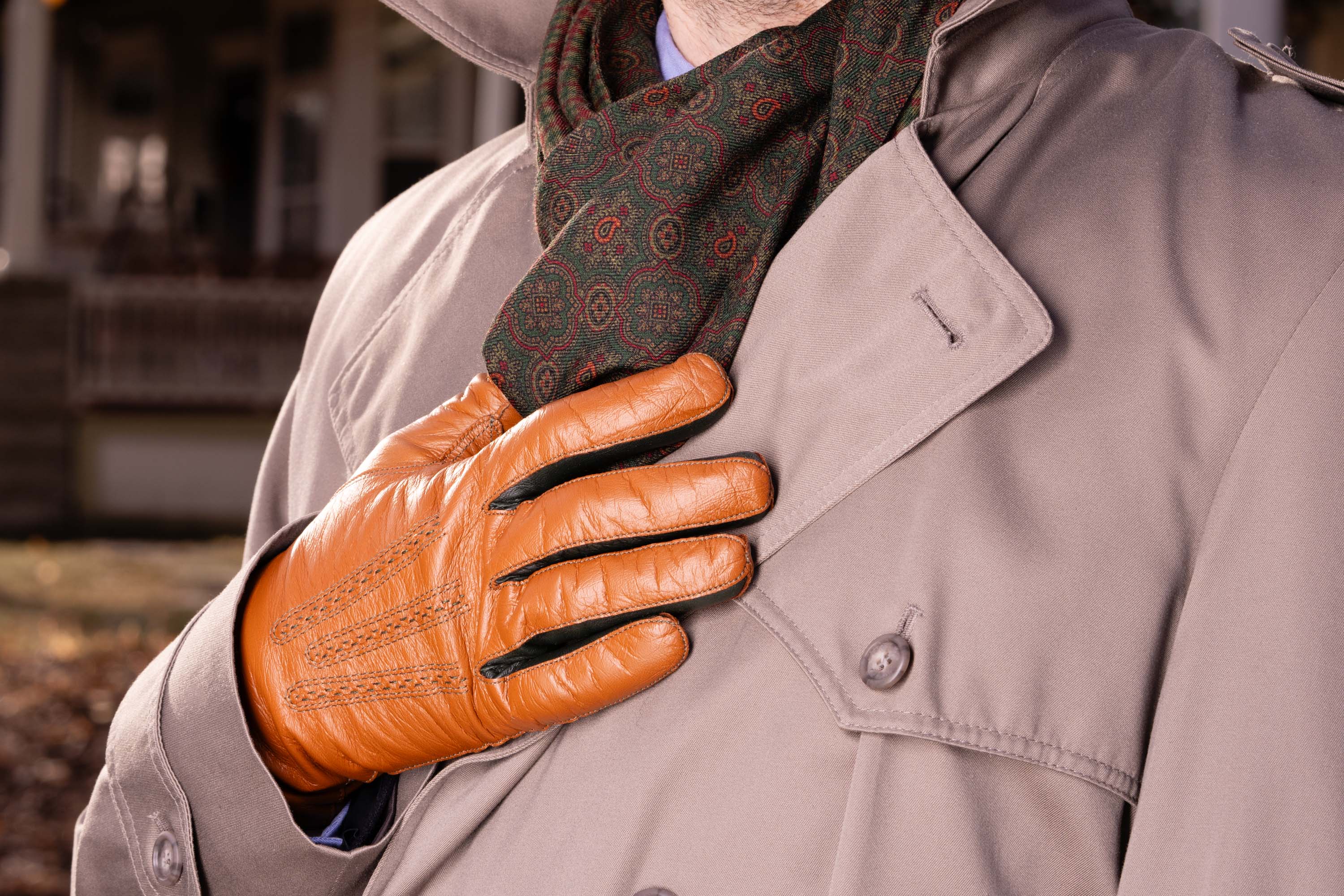 Chestnut Brown Lamb Nappa Touchscreen Gloves with Dark Green Contrast and Scarf