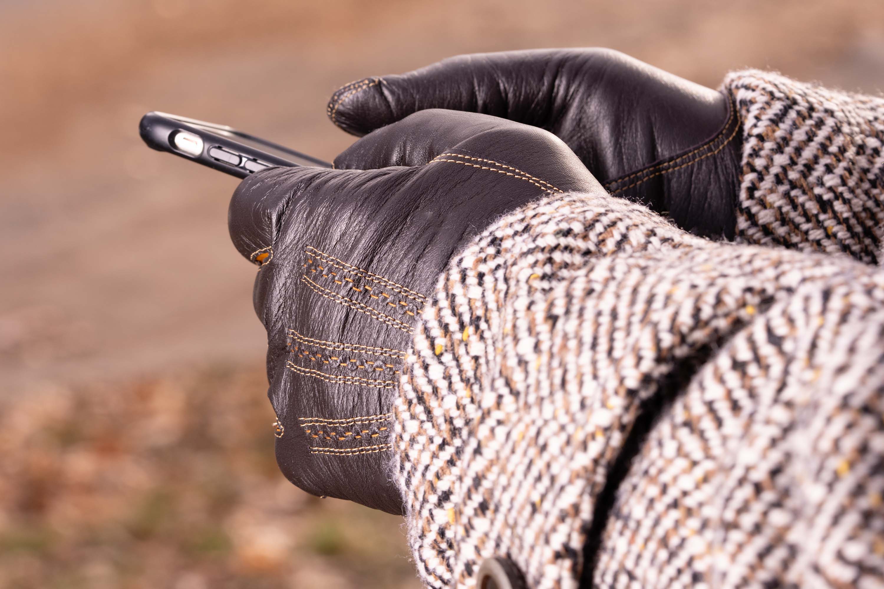 Dark Chocolate Brown Lamb Nappa Touchscreen Gloves with Whisky Contrast and a Mobile Phone