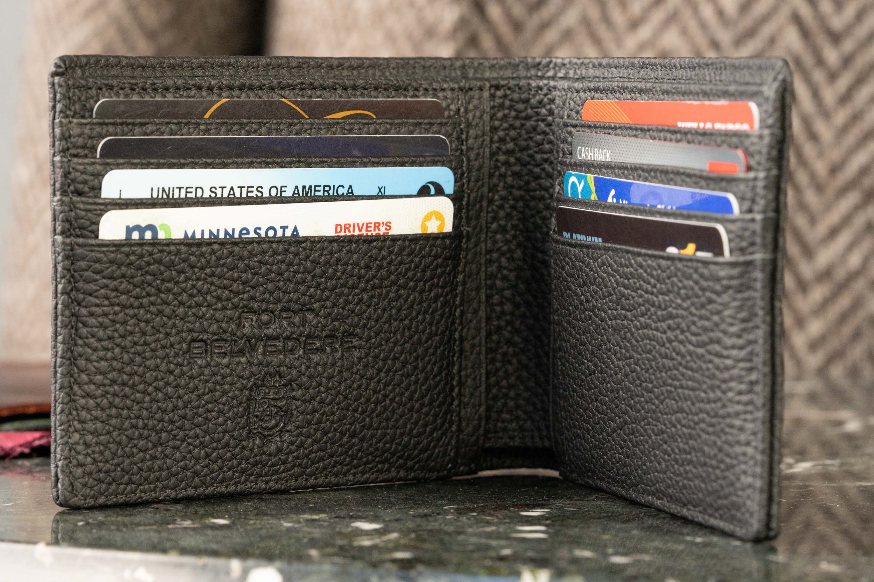 Eight Card Carrier Bifold Wallet in Black Togo Leather Opened