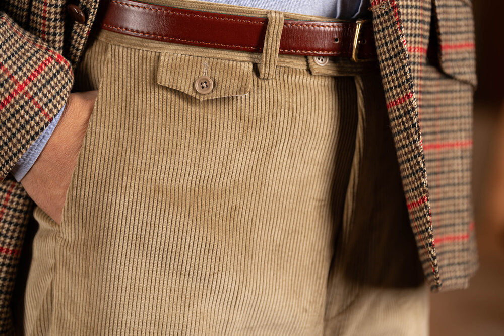 Front and pocket view of the Pale Taupe corduroy trousers-_R5_9634