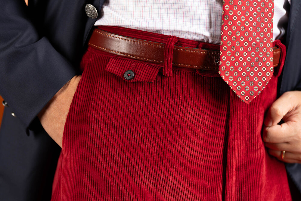 Front pocket view of the Garnet Red Corduroy trousers -_R5_9769