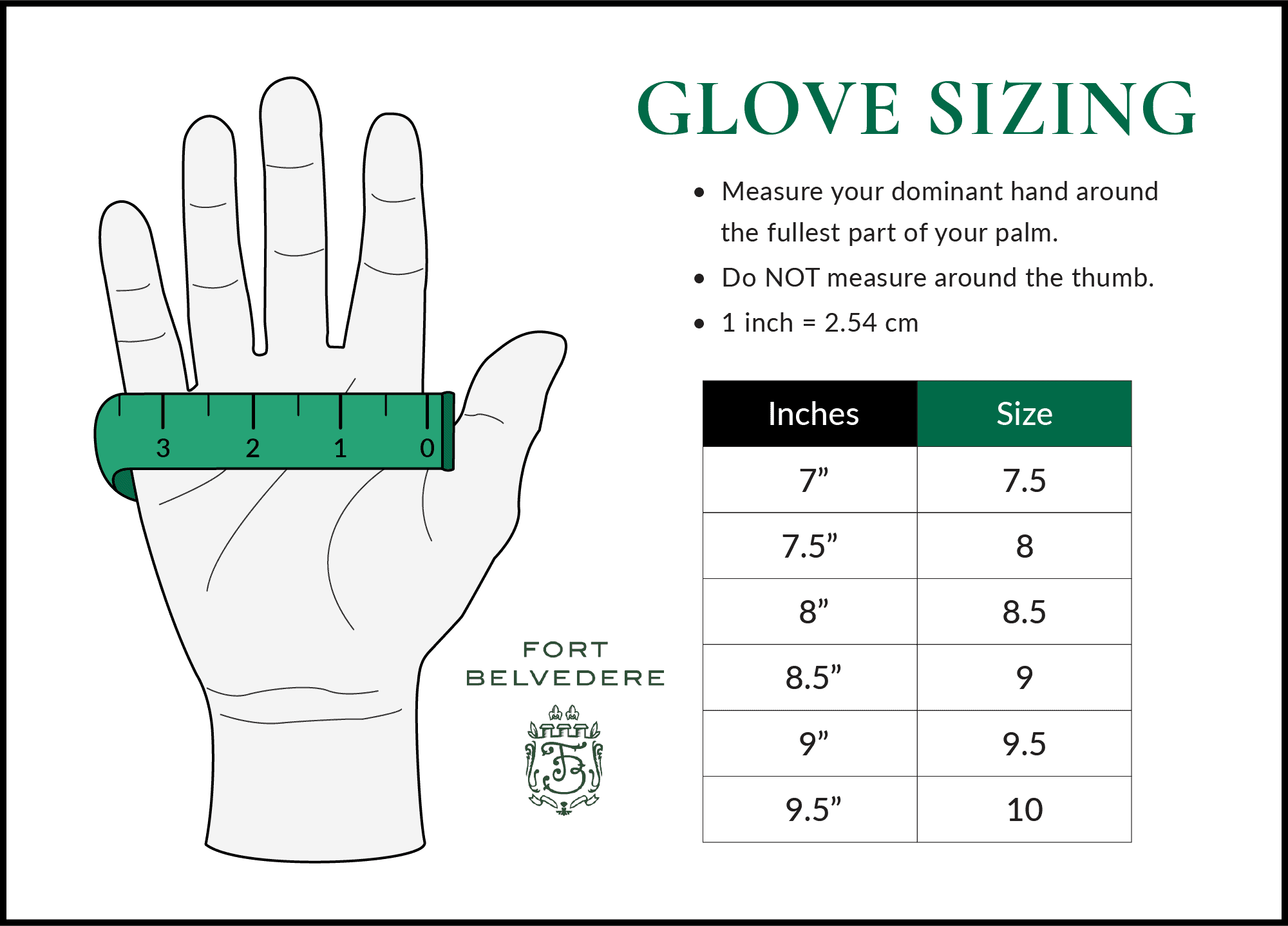 Glove Sizing Chart -Measure circumference. If you have 7" go with size 7.5, if you measure 8.5" choose size 9 and so forth