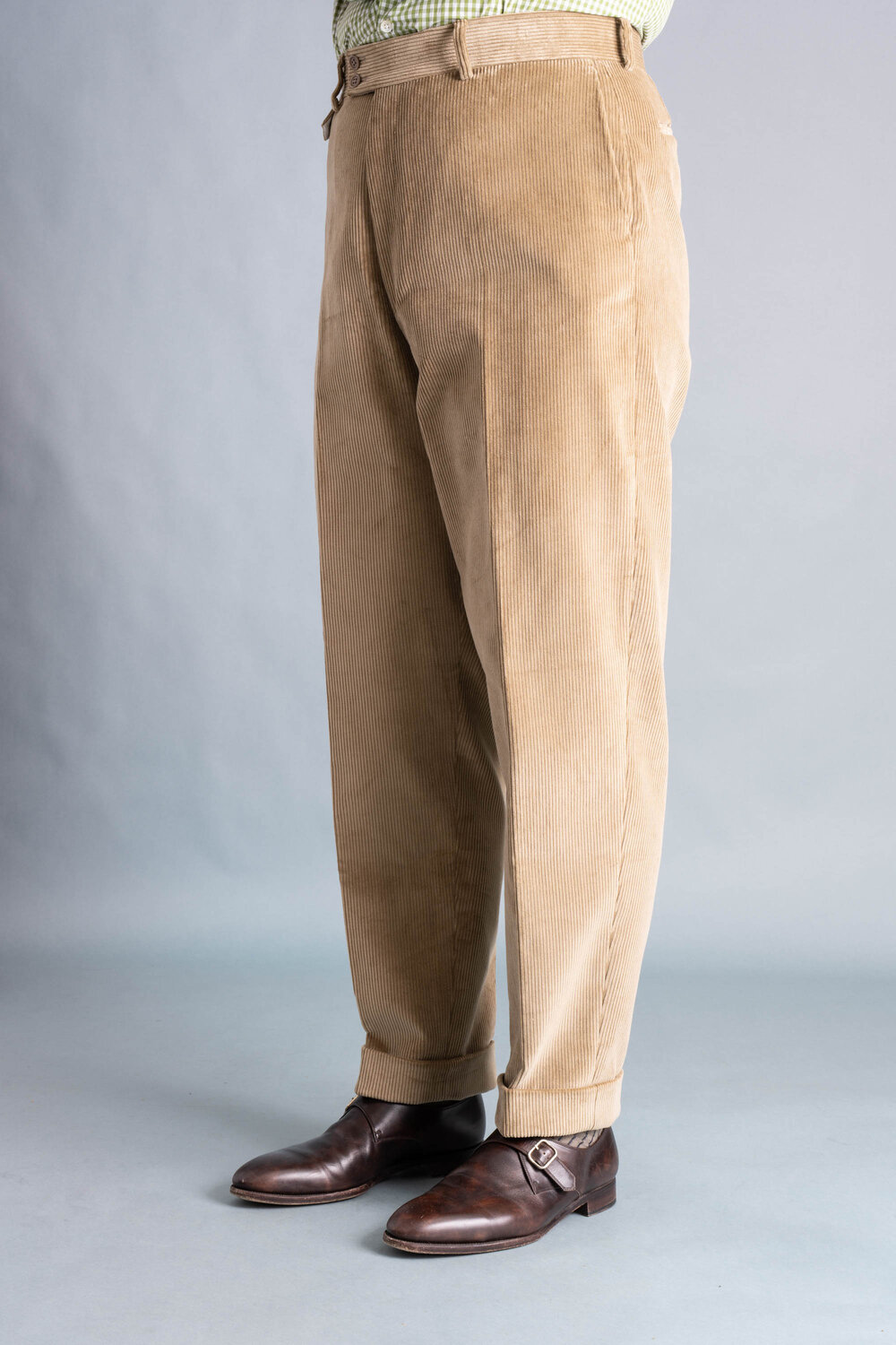Left side angle front view of the Pale Taupe corduroy trousers-_R5_8834