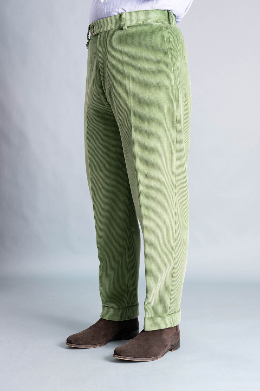 Sage Corduroy Trousers - Stancliffe Flat-Front in 8-Wale Cotton