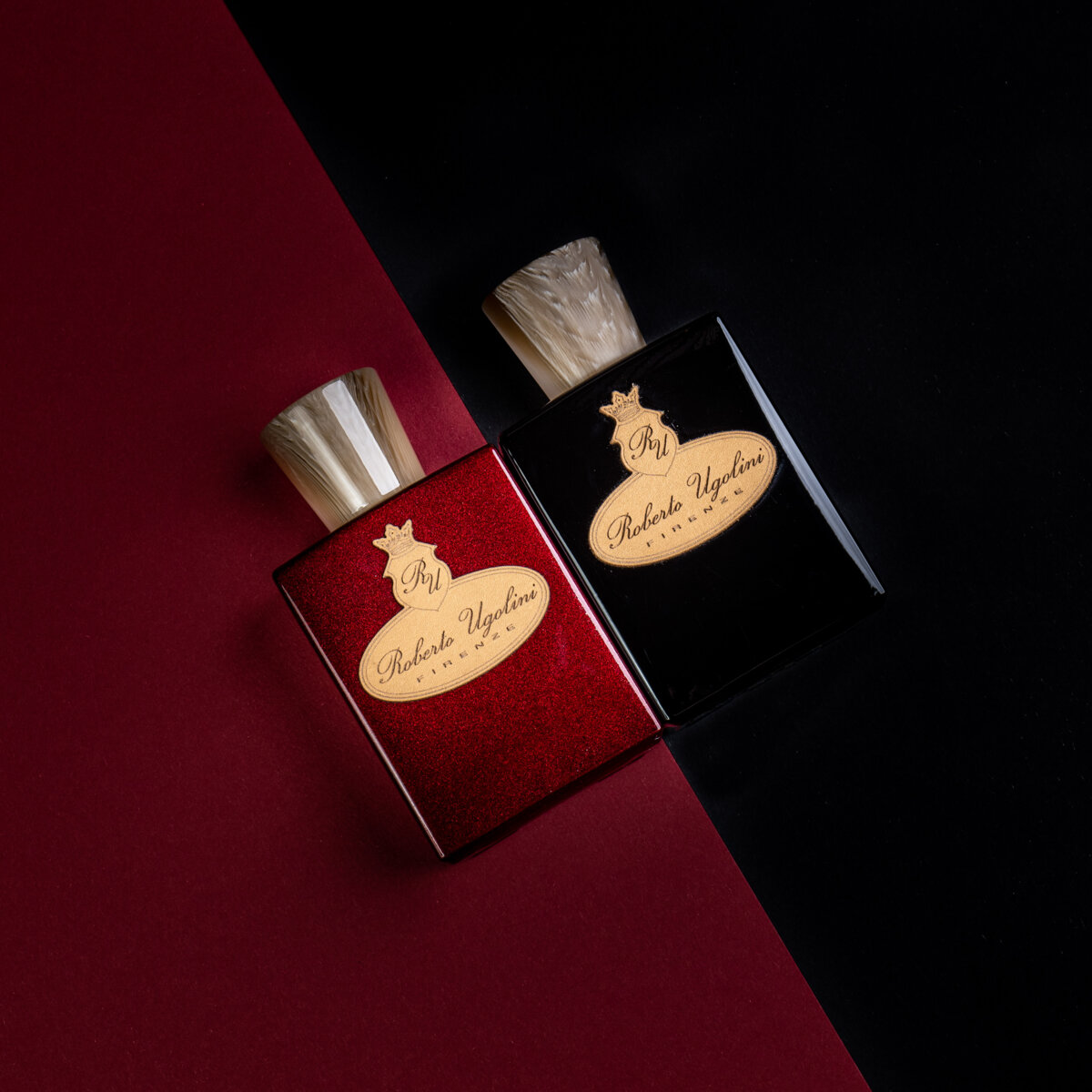 Roberto Ugolini Fragrance bottles in full-size Derby and 17 Rosso