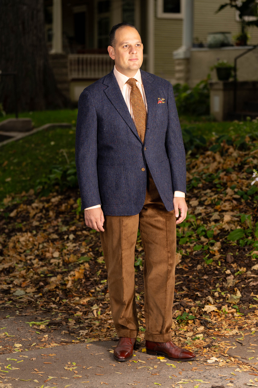 Raphael in Stancliffe Corduroy in Cognac and denim colored sportcoat