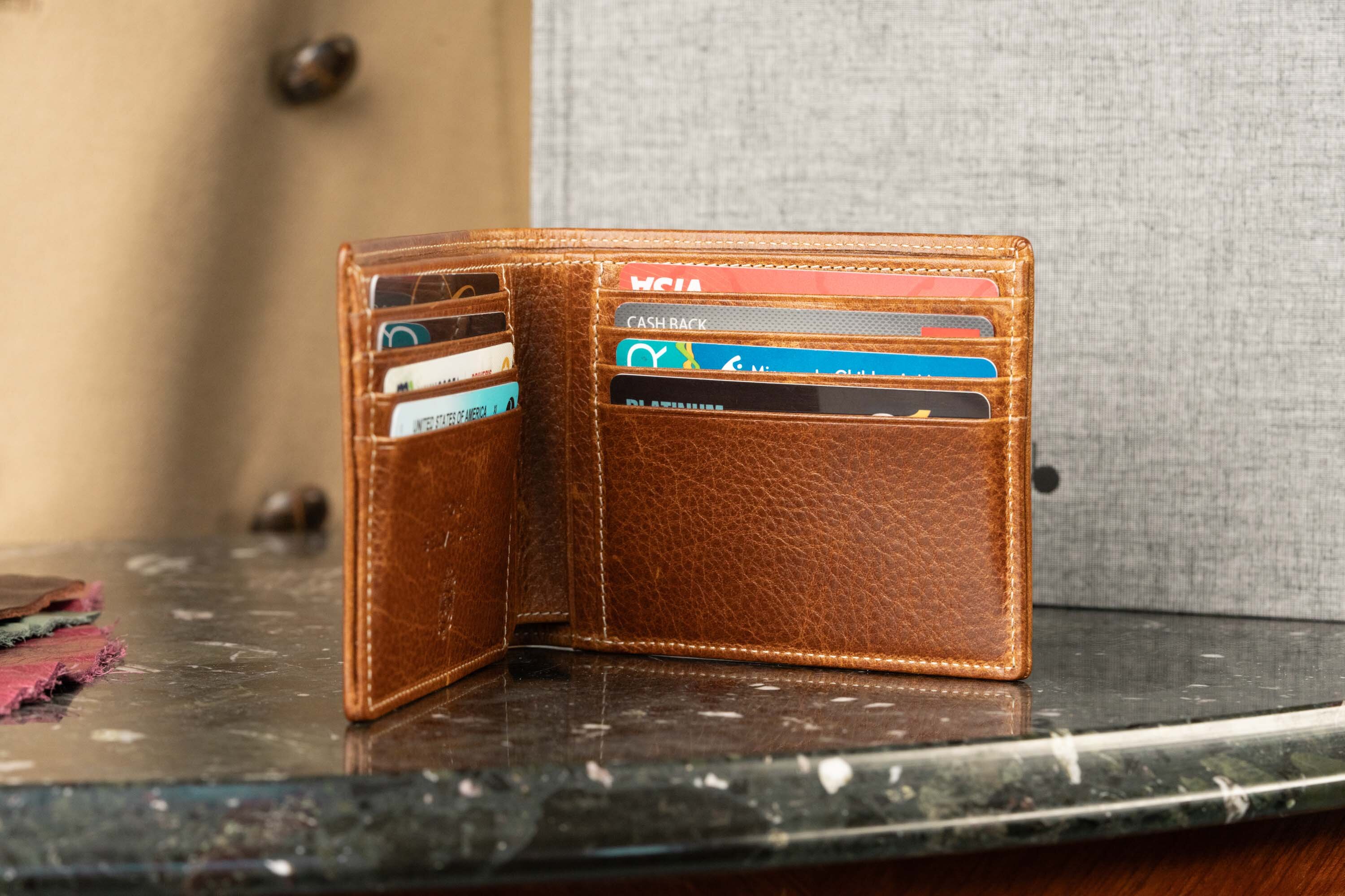 Saddle Brown Bifold Wallet in Full-Grain Dumont Leather Standing