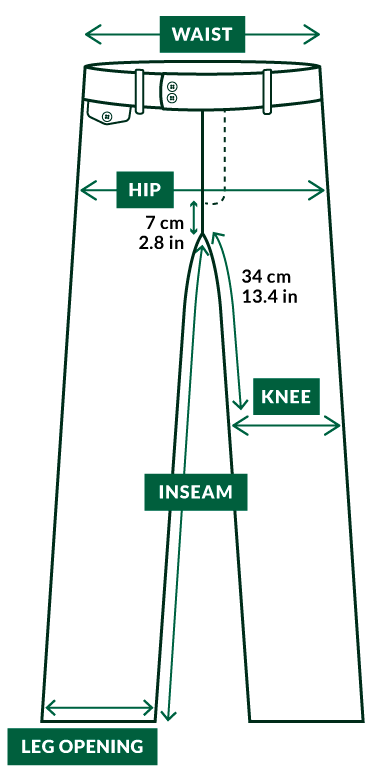 Measure hips from above the crotch at 2.8 inches. Knees are measured below the crotch at 13.4 inches