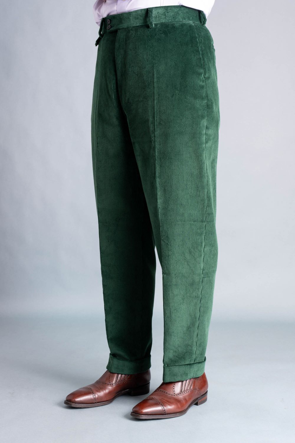 Stancliffe Corduroy Flat Front Trouser in British Racing Green gray background