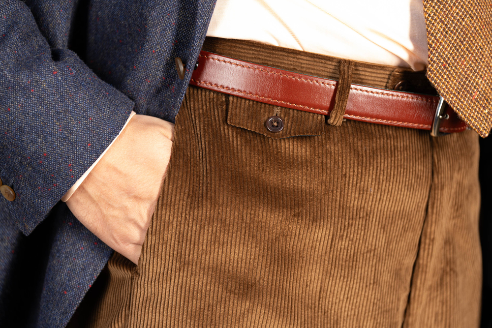 Stancliffe Corduroy Flat Front Trouser in Cognac paired with Chestnut Brown Belt