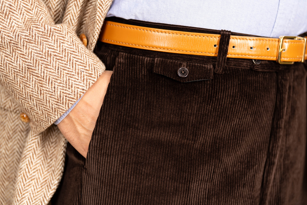 Stancliffe Corduroy Flat Front Trouser in Dark Brown paired with Tan Cognac Belt