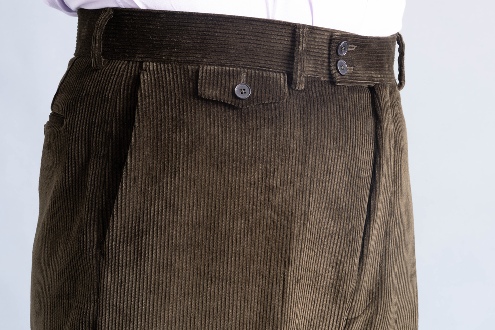 Details of the flapped ticket pocket on Dark Olive Corduroy Trousers- Model Stancliffe with Flat-Front, True High-Waisted Full Cut