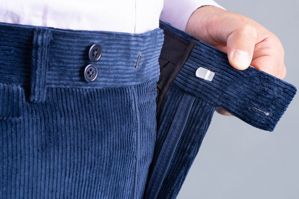 Stancliffe Corduroy Flat Front Trouser in Infantry Blue-Buttons and lock