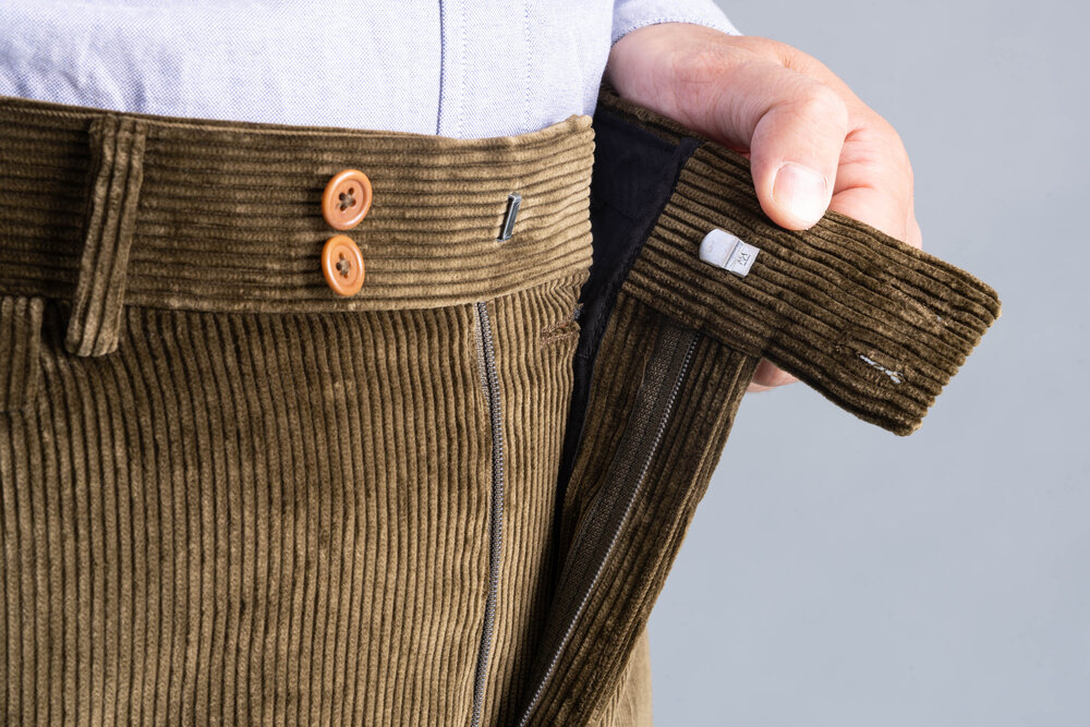 Khaki Drab Corduory Zip-Fly, and two-button waistband