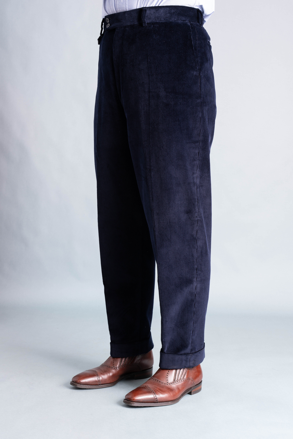 Midnight Blue Corduroy Trousers -Stancliffe Flat-Front in 8-Wale