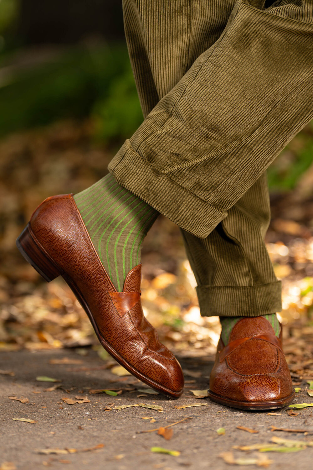 Stancliffe Pale Taupe with Mid Brown and Green Shadow Stripe Ribbed Socks.