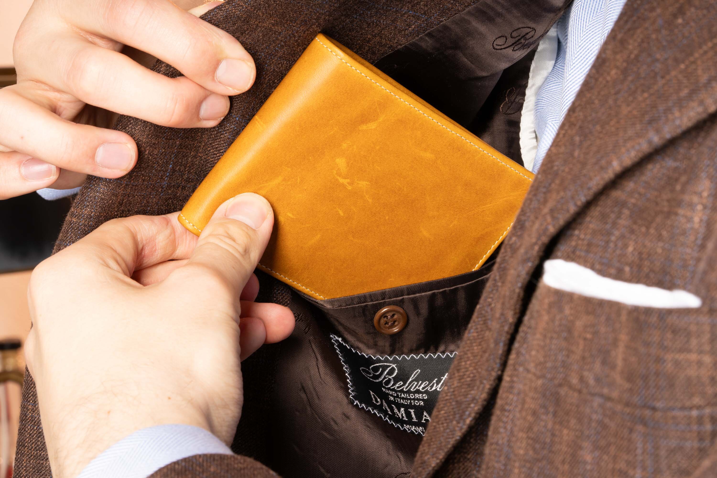 Vintage Gold Tan in Full-Grain Americana Leather Inserted to the inside pocket of the jacket