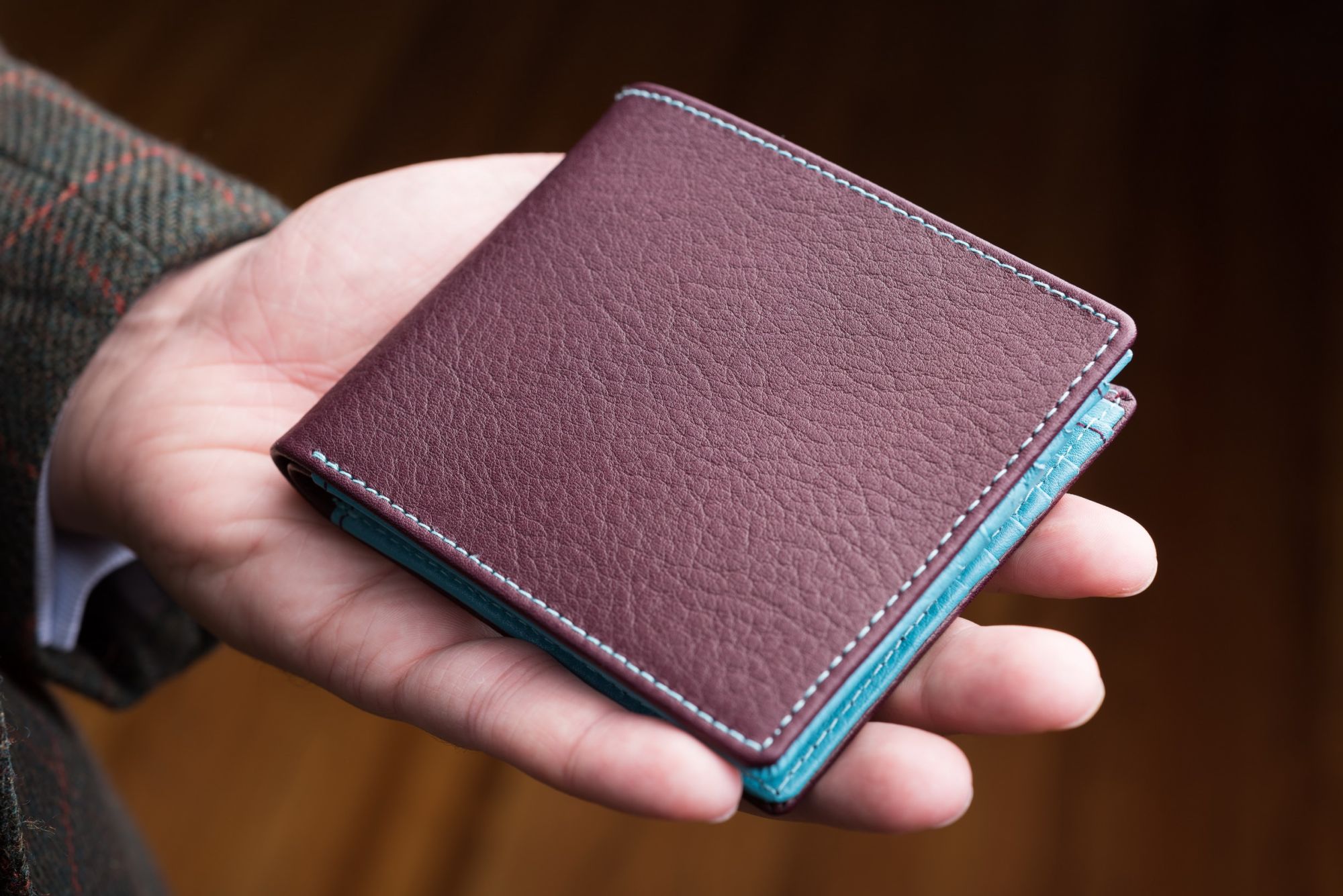 Men's Leather Wallet in Burgundy and Turquoise Deerskin with 10 Card Slots  by Fort Belvedere